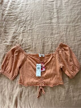 Roxy Rust Orange Puff-Sleeve Tie-Front Crop Top
